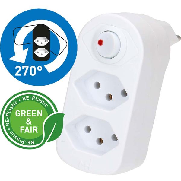 Multiprise biplite 2 prises T13 – fiche pivotante – interrupteur marche/arrêt – blanc