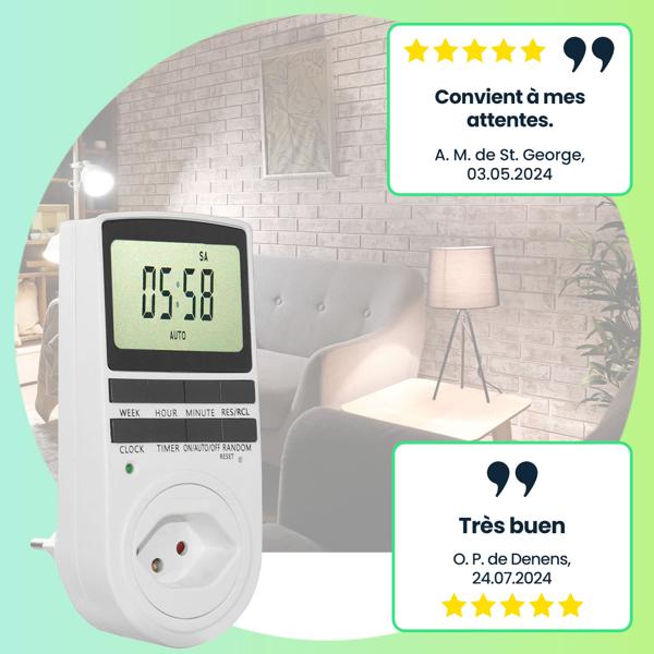 Prise Programmable Numérique - Sécurité Enfant & Économies d‘Énergie - 10 Programmes, Antivol, 2500W, Blanc - Auto On/Off Lampes/Appareils