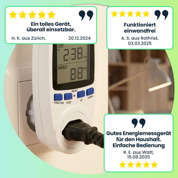Energiekostenmessgerät digital mit Doppeltarif – Stromverbrauchsmessgerät bis 2500W – Präzises Messen von Volt, Watt & Ampere