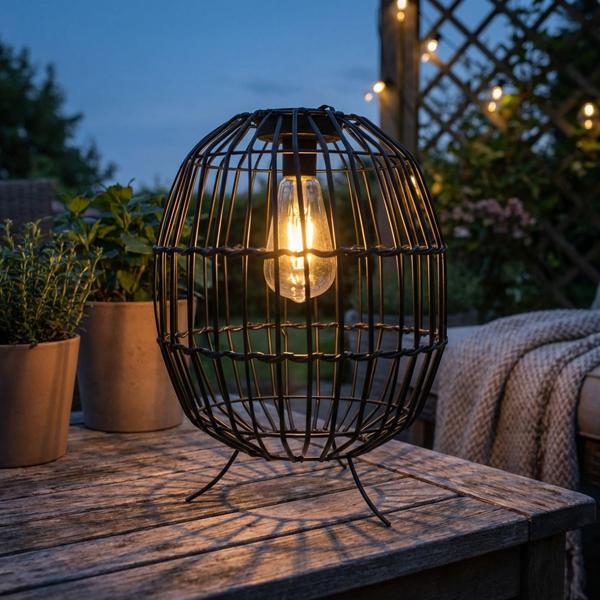 Lampe solaire de jardin rustique avec entretoises en métal noir – H 35 cm Ø 25 cm, éclairage atmosphérique, élément décoratif accrocheur