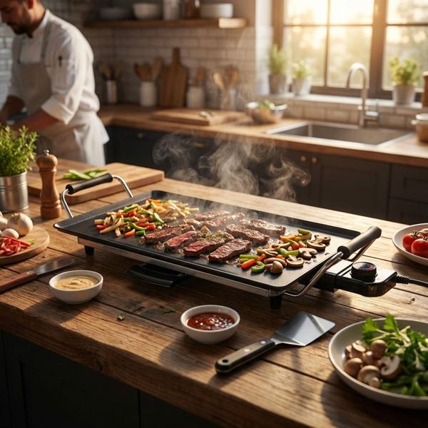 Grill de table Teppanyaki, puissant 2000 W, pour des grillades conviviales – 47 x 26,5 cm, antiadhésif, poignées froides, grill de table électrique pour chaque occasion