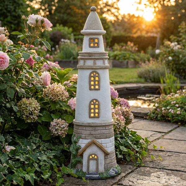 Lampada solare a faro bianco-grigia – figura decorativa 71 cm per giardino, balcone – atmosfera marittima, resistente alle intemperie – luce solare con batteria ricaricabile