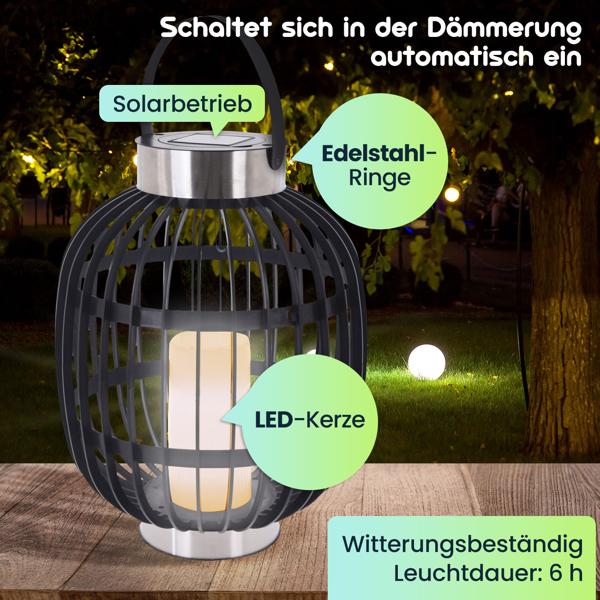 Stilvolle Solar-Gartenlaterne in Rattan-Optik: Edelstahl-Ringe, LED-Kerze, 35x45cm, Schwarz – Dekorative Aussenbeleuchtung