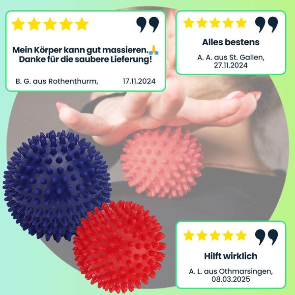 Massagebälle Set mit Noppen - 4 Igelbälle für Reflexzonenmassage, Fussreflexzonenmassage & Faszientraining - Ø 9 & 7,5 cm, rot/blau, PVC-Kunststoff