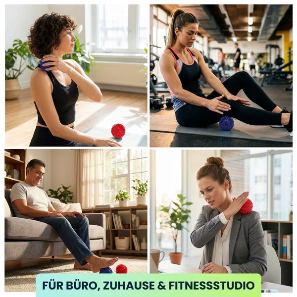 Massagebälle Set mit Noppen - 4 Igelbälle für Reflexzonenmassage, Fussreflexzonenmassage & Faszientraining - Ø 9 & 7,5 cm, rot/blau, PVC-Kunststoff