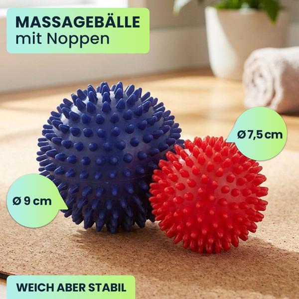 Massagebälle Set mit Noppen - 4 Igelbälle für Reflexzonenmassage, Fussreflexzonenmassage & Faszientraining - Ø 9 & 7,5 cm, rot/blau, PVC-Kunststoff