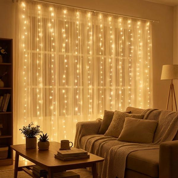 LED-Lichtervorhang, 240 warmweisse LEDs: 16 Stränge, 12 Lichteffekte, 225 x 150 cm – für dekorative Lichteffekte und Ambientebeleuchtung