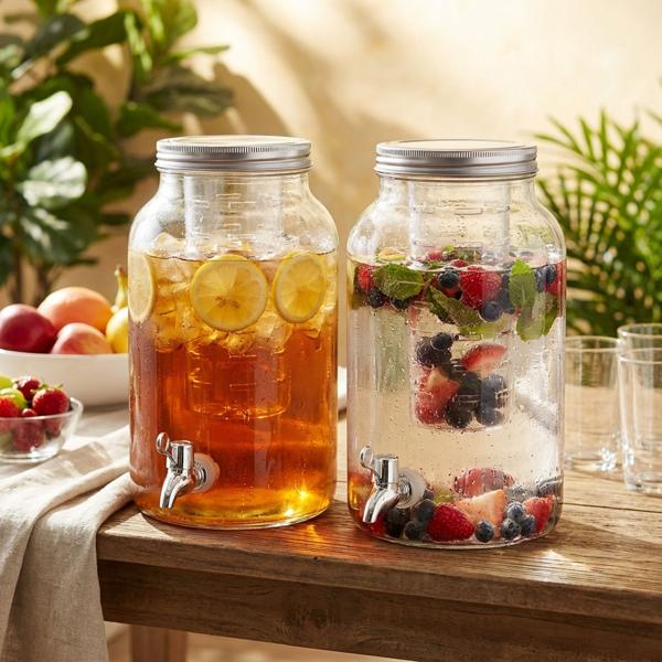 set di 2 distributori di bevande in vetro con inserto e rubinetto, 4 litri