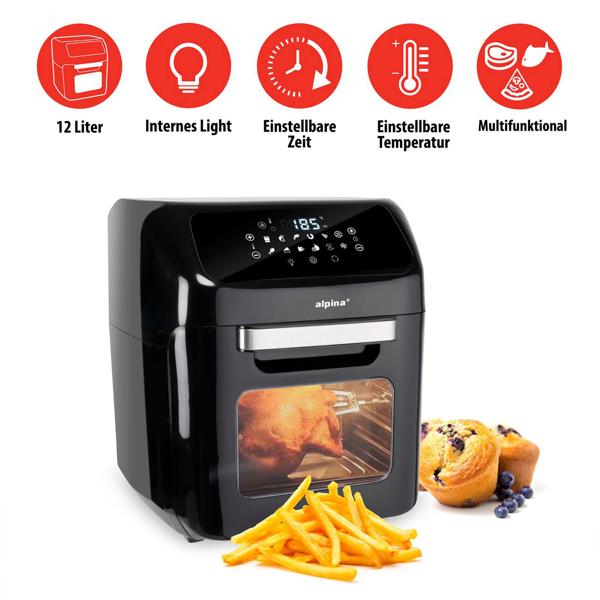 3 in 1 Air Fryer XXL, Ofen, Grill, Fritteuse, 12 Liter, 1800 Watt, mit Drehspiessen, 2 Backroste, Touch Display