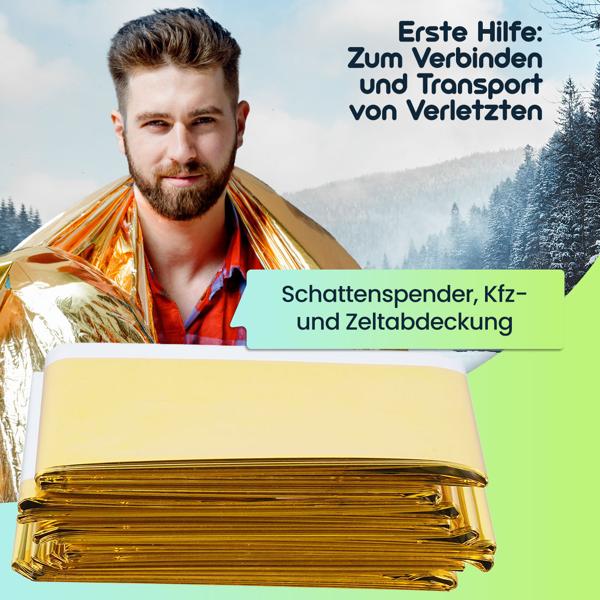 Zuverlässige Rettungsdecke, 210 x 160 cm, gold - silber, Notfalldecke - Erste Hilfe Wärmefolie, ein Produkt der NASA