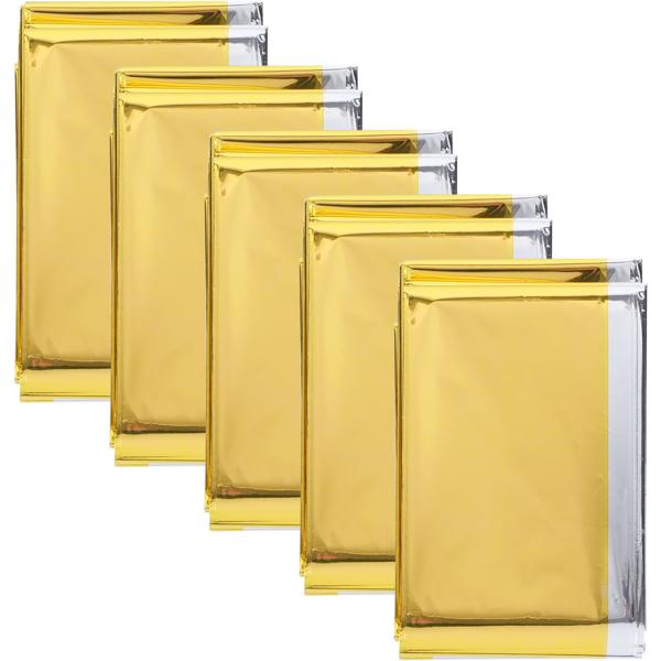 set di 5 coperte di salvataggio affidabili, 210 x 160 cm, oro - argento, pellicola termica ideale anche per lo sport, il campeggio e le avventure all‘aperto, un prodotto NASA