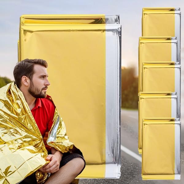 set di 5 coperte di salvataggio affidabili, 210 x 160 cm, oro - argento, pellicola termica ideale anche per lo sport, il campeggio e le avventure all‘aperto, un prodotto NASA