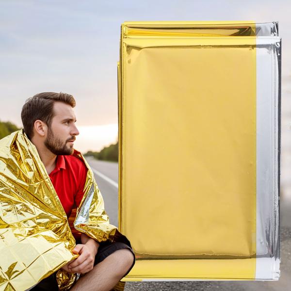 set di 5 coperte di salvataggio affidabili, 210 x 160 cm, oro - argento, pellicola termica ideale anche per lo sport, il campeggio e le avventure all‘aperto, un prodotto NASA