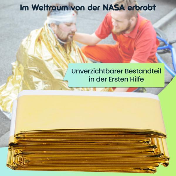 10er Set Zuverlässige Rettungsdecke, 210 x 160 cm, gold - silber, Notfalldecke - Wärmefolie auch für Survival Abenteuer und Wandern, ein Produkt der NASA