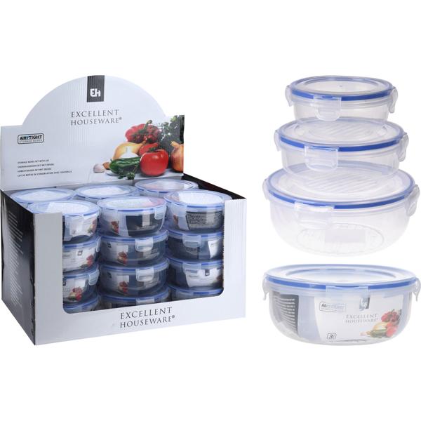 3er Set Frischhaltedosen mit Clip-Deckel, rund, 400 ml, 800 ml, 1400 ml