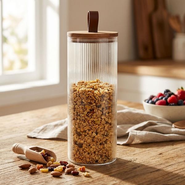 Bocal de stockage 1900 ml – couvercle en bois d’acacia & anneau en silicone – verre borosilicate – inodore – transparent – idéal pour céréales, noix & petits objets
