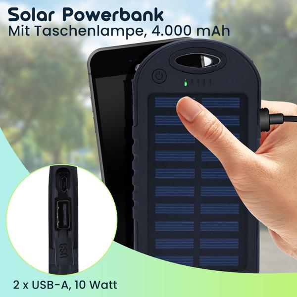 Solar Powerbank inkl. Taschenlampe, 4.000 mAh, 2x USB-A Anschlüsse, 10 Watt, Solarpanel, Ladestandanzeige, zum Laden von iPhone, Samsung, Android
