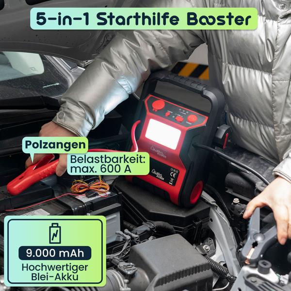 5-in-1 Starthilfe Booster mit Powerbank & Luftkompressor (600A/17bar) – Akku-Starthilfe mit 9000mAh, LED-Lampe, 12V-Ausgang