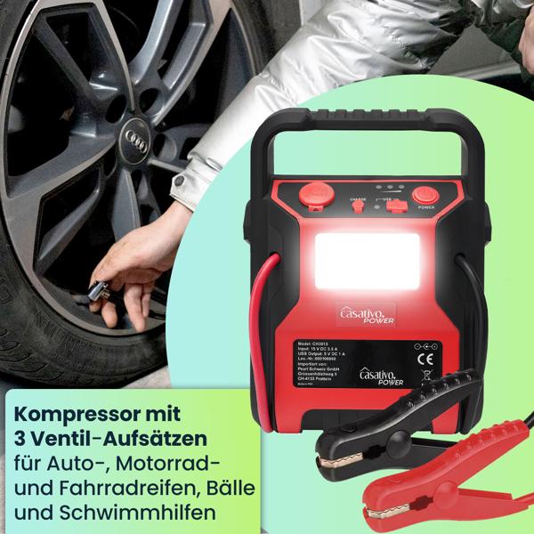 5-in-1 Starthilfe Booster mit Powerbank & Luftkompressor (600A/17bar) – Akku-Starthilfe mit 9000mAh, LED-Lampe, 12V-Ausgang
