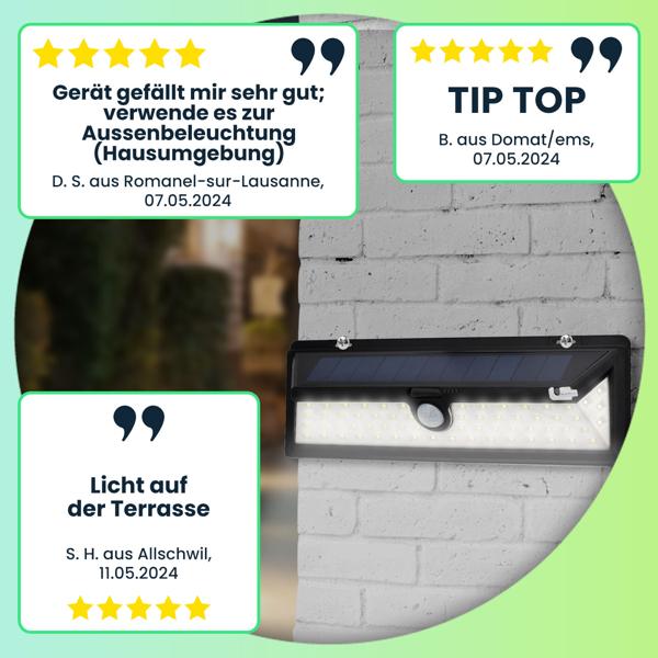 4er-Spar Set Moderne Wandleuchte, Solarpanel, PIR Bewegungs-Sensor, 66 helle LEDs, 800 Lumen, 13,2 Watt, IP44, inkl. Montagematerial