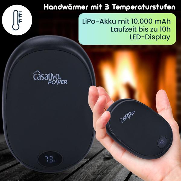 Zuverlässiger 2in1 USB Handwärmer mit Powerbank Funktion, 10.000 mAh, schwarz, warme Hände und gleichzeitig das Smartphone laden