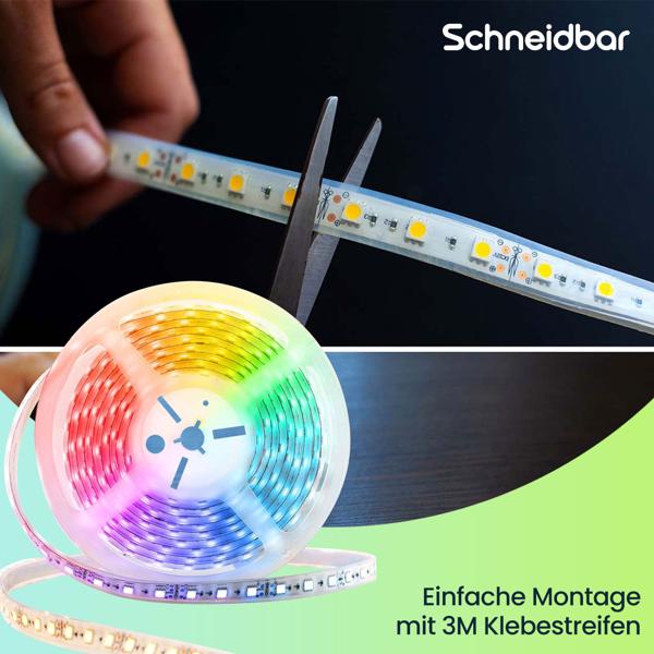 Smart LED Lichtband 5 m mit App-Steuerung, warmweiss/kaltweiss/RGB, dimmbar, flexibles & selbstklebendes Design, ideal für stilvolle Beleuchtung