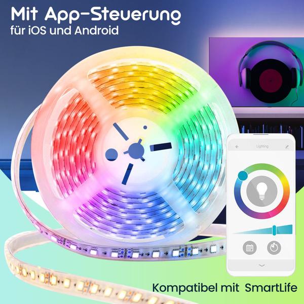 Smart LED Lichtband 5 m mit App-Steuerung, warmweiss/kaltweiss/RGB, dimmbar, flexibles & selbstklebendes Design, ideal für stilvolle Beleuchtung