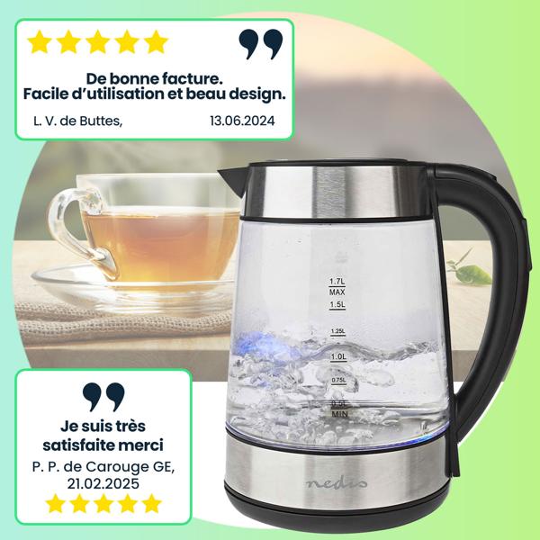 Bouilloire en Verre Sans Fil 1,7L - Chauffage Rapide 2200W & 5 Températures Précises - Affichage Numérique & Base 360° - Arrêt Auto