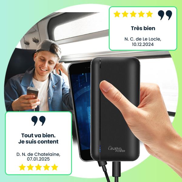 Batterie externe 3 ports USB, 20 000 mAh – 1x USB-C et 2x USB-A, Quick Charge 3.0 – pour iPhone 16, 15, 14, 13, 12, Pro/Max, Samsung, iPad, Huawei