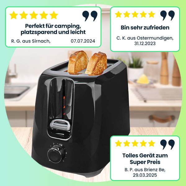 Kompakter Toaster, 2-Scheiben-Toaster mit 6 Röststufen, starke 700 W,  schwarz, praktische Krümelschublade, Kabelaufbewahrung