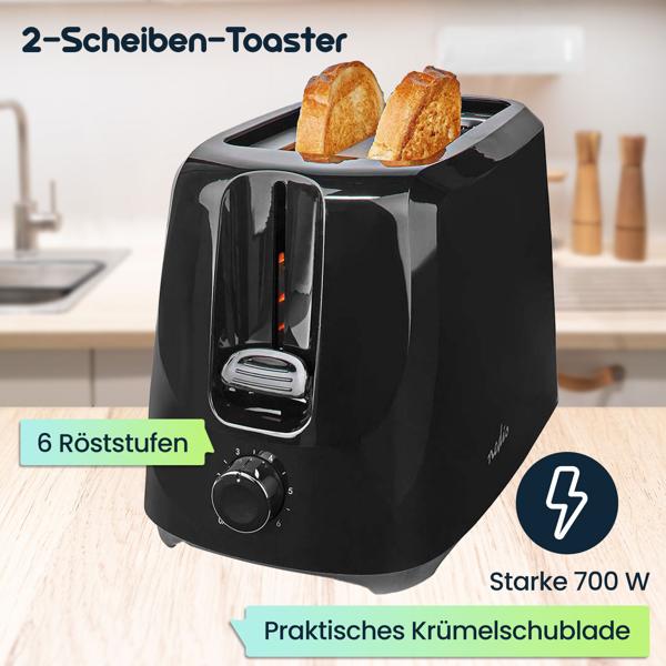 Kompakter Toaster, 2-Scheiben-Toaster mit 6 Röststufen, starke 700 W,  schwarz, praktische Krümelschublade, Kabelaufbewahrung