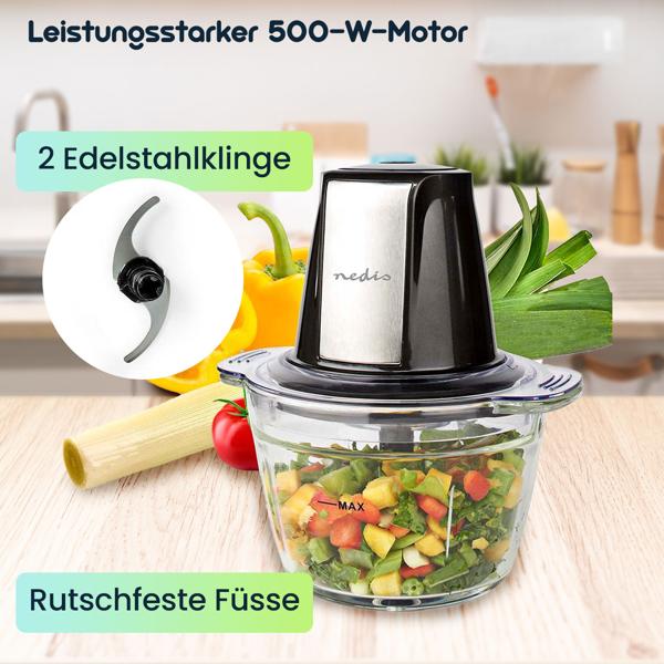 Robuster elektrischer Multi Zerkleinerer mit Glasbehälter, 1 Liter, 500 W, 2 Edelstahlklingen, Häcksler für Nüsse, Obst, Gemüse, Fleisch, Babynahrung