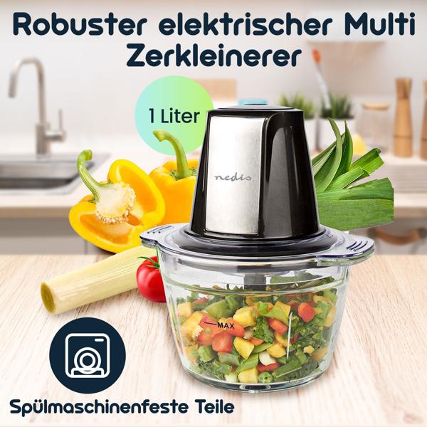 Robuster elektrischer Multi Zerkleinerer mit Glasbehälter, 1 Liter, 500 W, 2 Edelstahlklingen, Häcksler für Nüsse, Obst, Gemüse, Fleisch, Babynahrung