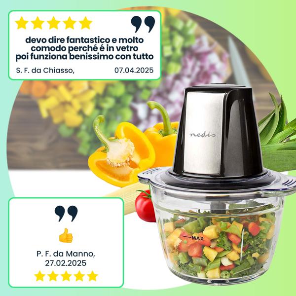 Robusto tritatutto elettrico con contenitore in vetro, 1 litro, 500 W, 2 lame in acciaio inox, tritatutto per noci, frutta, verdura, carne, alimenti per bambini