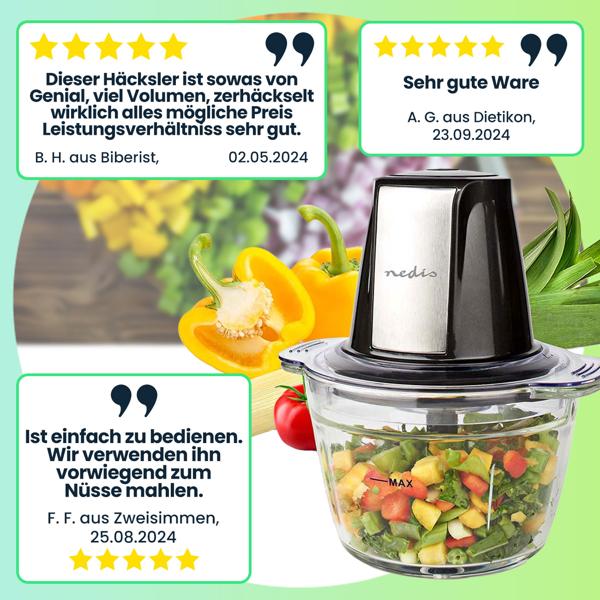 Robuster elektrischer Multi Zerkleinerer mit Glasbehälter, 1 Liter, 500 W, 2 Edelstahlklingen, Häcksler für Nüsse, Obst, Gemüse, Fleisch, Babynahrung