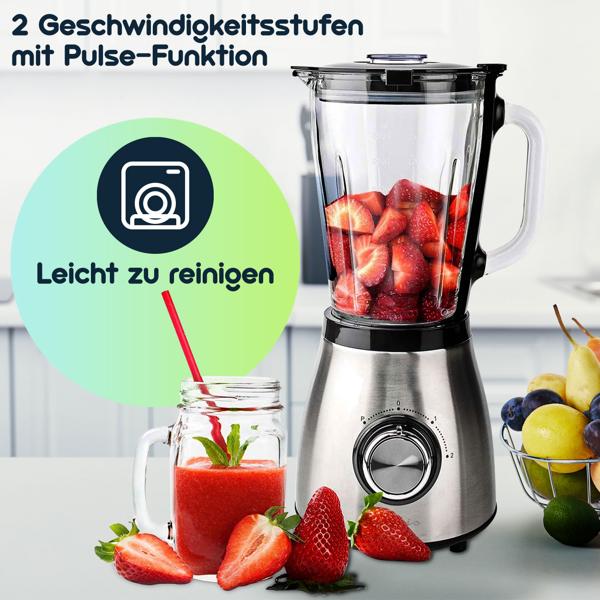 Edelstahl Power Standmixer mit 1,5 l Glasbehälter, Küchenmixer, 800 W für Smoothies, Shakes, Saucen oder zur Zerkleinerung von Obst und Gemüse