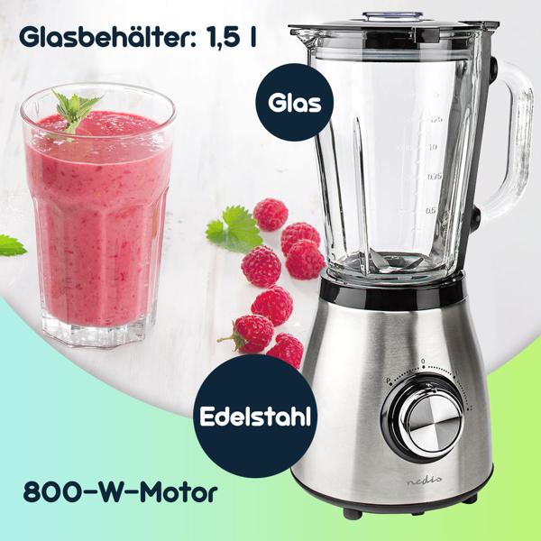 Edelstahl Power Standmixer mit 1,5 l Glasbehälter, Küchenmixer, 800 W für Smoothies, Shakes, Saucen oder zur Zerkleinerung von Obst und Gemüse