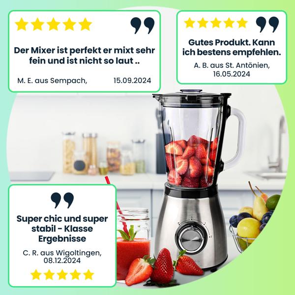 Edelstahl Power Standmixer mit 1,5 l Glasbehälter, Küchenmixer, 800 W für Smoothies, Shakes, Saucen oder zur Zerkleinerung von Obst und Gemüse