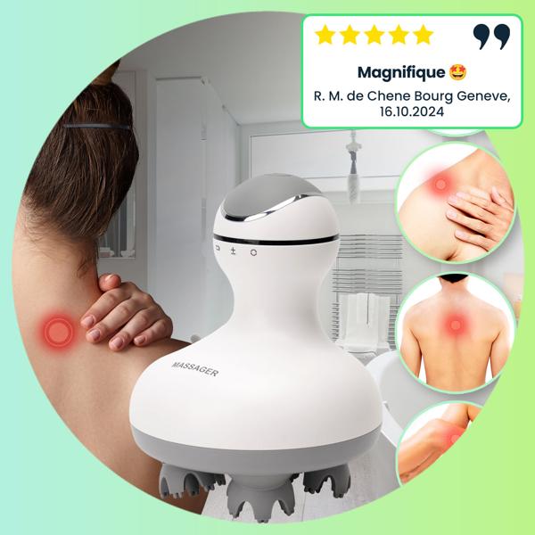 Appareil de massage professionnel tête & corps - 4 embouts, mobil, sans fil, lavable, huile de massage compatible - Intensité variable, batterie 1000 mAh