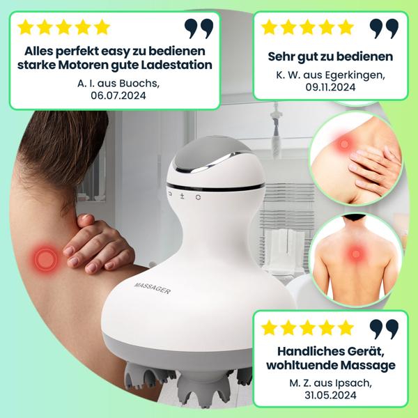 Professionelles Kopf- und Körper-Massagegerät, 4 Massageköpfe, mobil mit Akkubetrieb, abwaschbar, auch mit Massageöl verwendbar