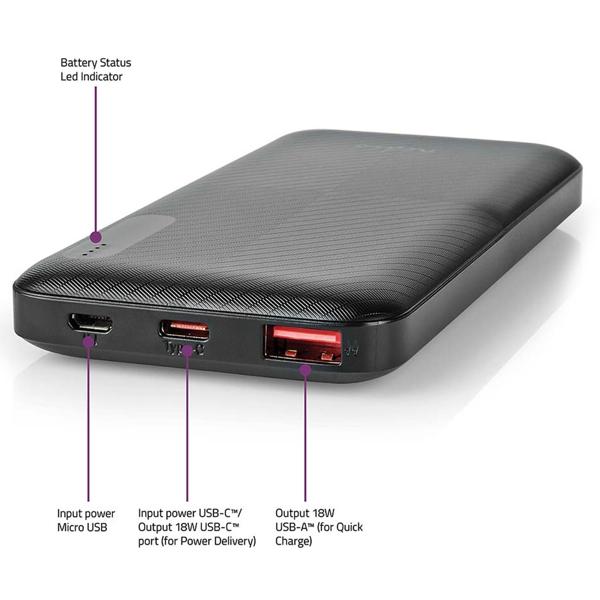 Powerbank 10.000 mAh – schnelles Aufladen mit 18 W, LED-Anzeige, kompakt & leicht, USB-C & USB-A, ideal für unterwegs, schwarz