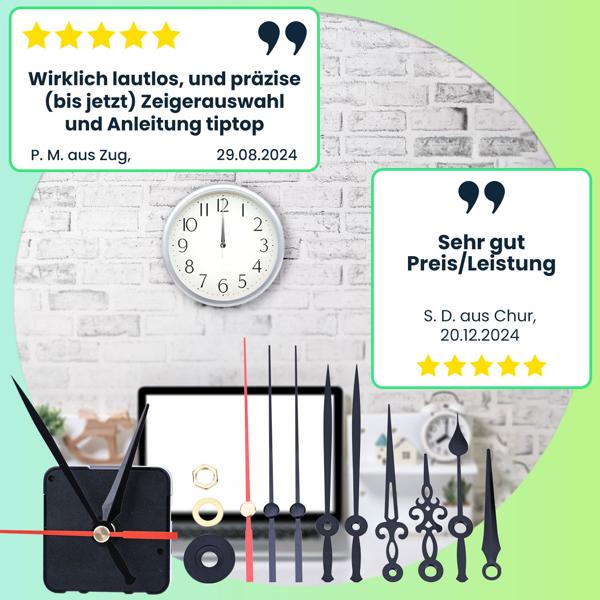 2er Set Geräuschloses Uhrwerk Komplettset mit 3 verschiedenen Zeigersätzen, leise schleichende Zeiger ohne Ticken, stabiles Gehäuse, Batteriebetrieb