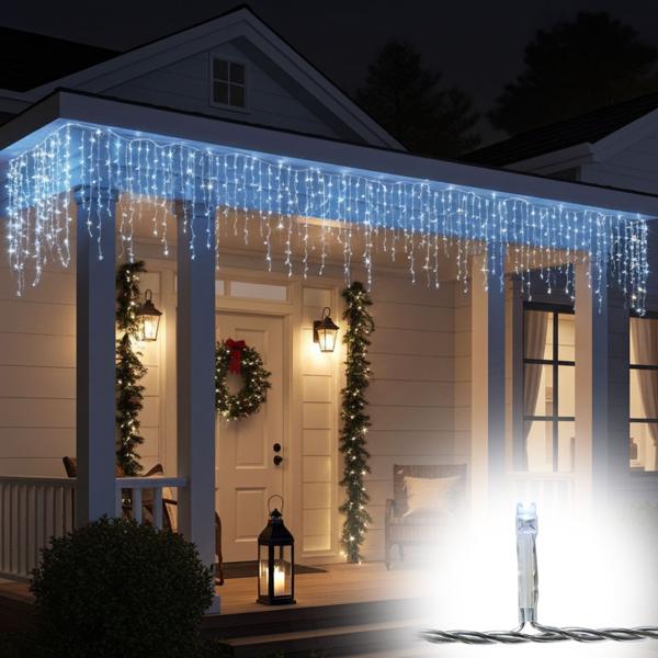 Guirlande lumineuse pluie de glace - 360 LED, câble transparent, 7 effets lumineux + fixe - Intérieur/Extérieur IP44, 9m éclairé, 80 tombées 70cm, blanc froid