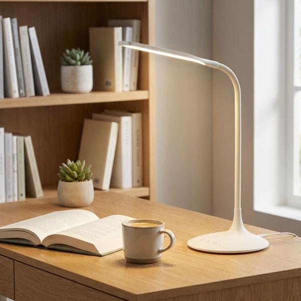 Lampe de Bureau LED Sans Fil Rechargeable - Éclairage Flexible Dimmable 3 Modes-Blanc - Tactile, Minuteur 40min, Tête Pivotante, USB 5V, 5W, 250lm