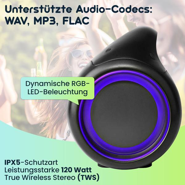 Premium Bluetooth Lautsprecher (120W) mit Subwoofer, Sprachsteuerung & RGB-LED – Akku, IPX5, edles Design – Ultimatives Klangerlebnis