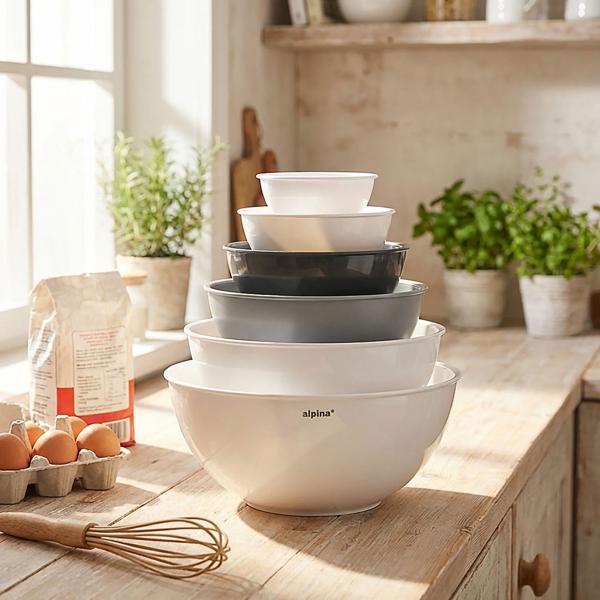 Set de 6 bols mélangeurs empilables – bols en plastique 0,25–5,25 l – adaptés au micro-ondes et au lave-vaisselle pour la pâtisserie et la cuisine
