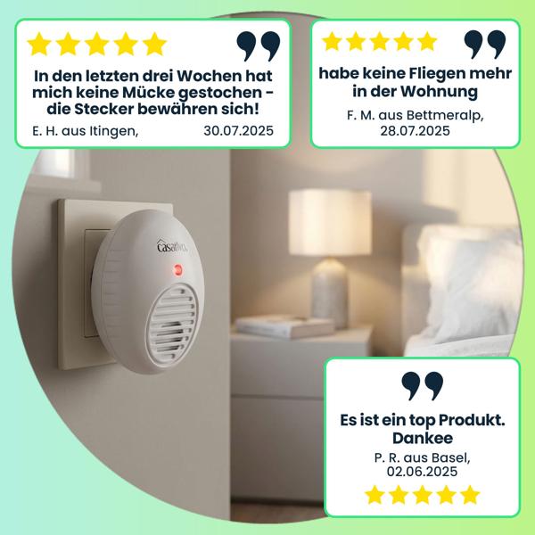 Hocheffektiver Ultraschall-Insektenvertreiber für die Steckdose, weiss, Raumgrösse bis 47 m², Mücken- und Moskitoabwehr für Haus und Wohnung