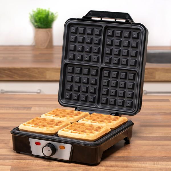 Hochwertiges Waffeleisen (schwarz) für 4 perfekte Belgische Waffeln – Präzise Temperaturkontrolle, Antihaftbeschichtung, für genussvolle Waffelkreationen