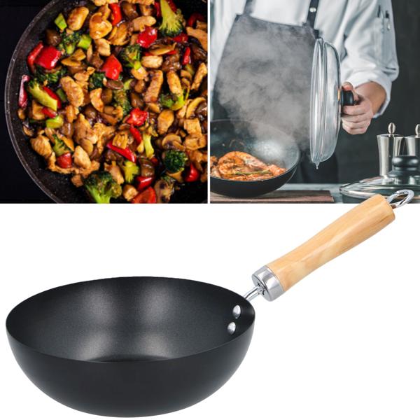 Padella wok con manico in legno Ø 20,5 cm - Senza PFOA per una cucina sana - Rivestimento antiaderente, adatta per gas, elettrico e ceramica, non per induzione