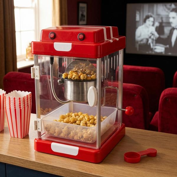 Distributore di popcorn retrò rosso (24 x 28 x 43 cm) con luce e casseruola ribaltabile: antiaderente, ciotola per servire, LA macchina per popcorn per momenti golosi